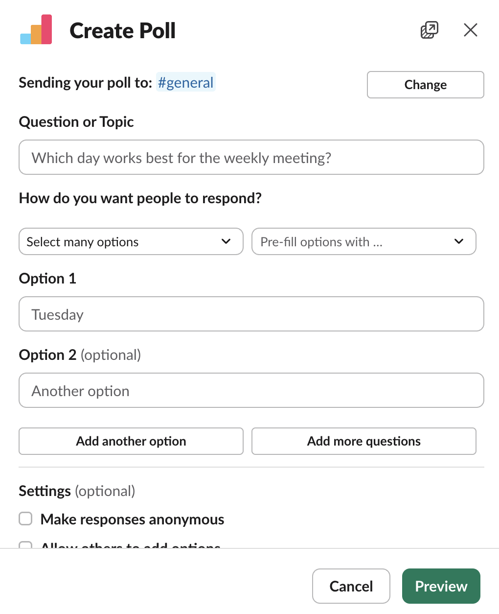 The Simple Poll creation modal in Slack: question, how people respond, options, and settings like making responses anonymous
