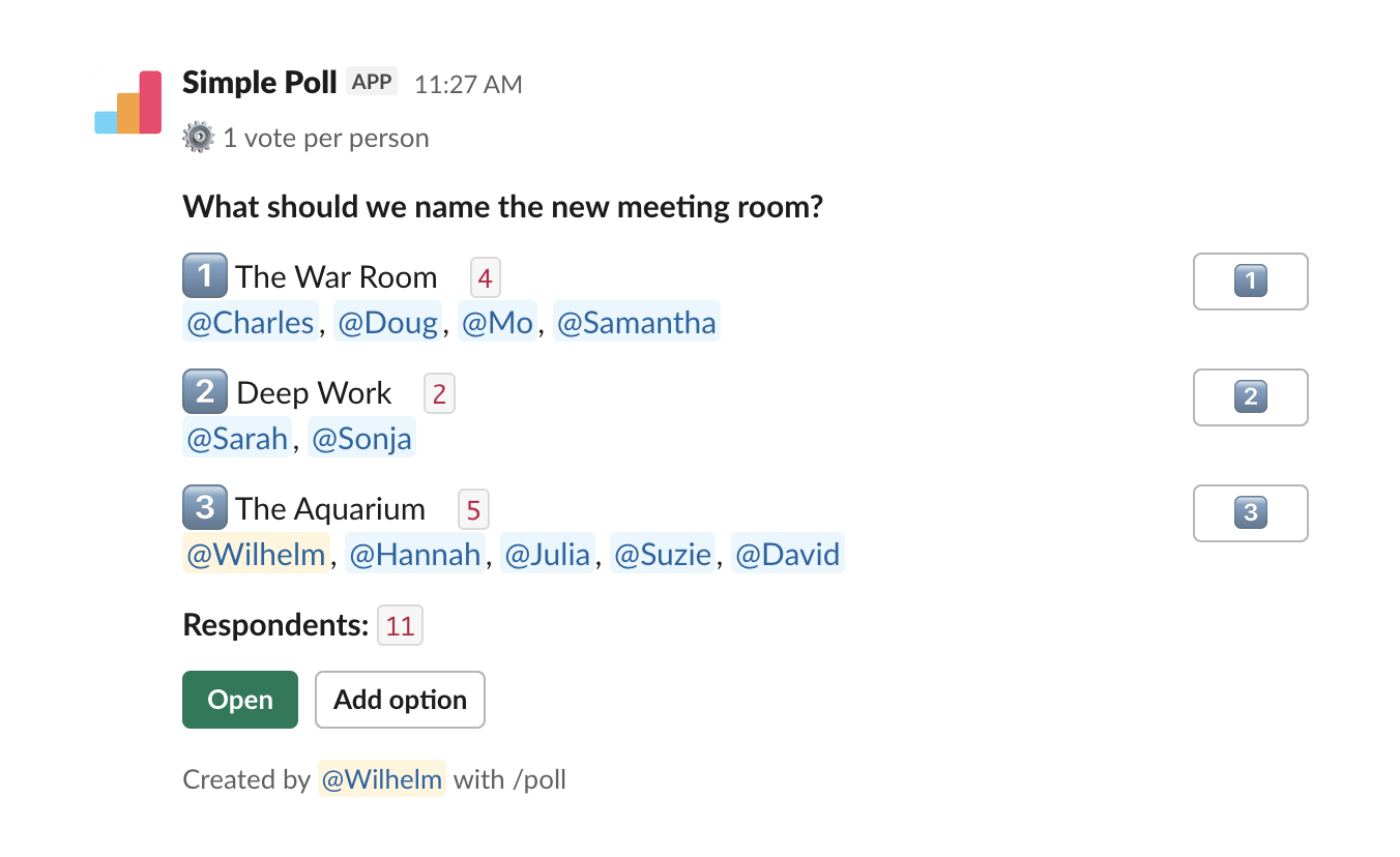 Slack poll naming the new meeting room where voters can add their own options, one vote per person