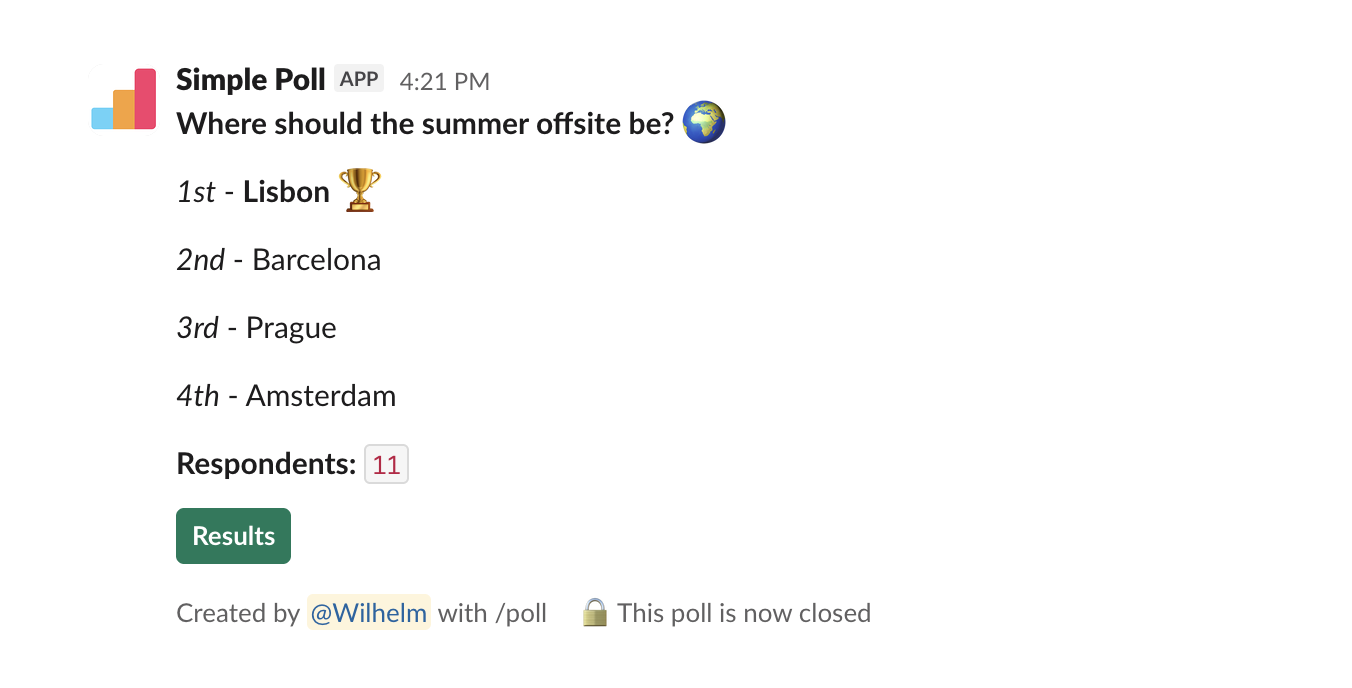 Closed ranked-choice Slack poll on where the summer offsite should be, with the final ranking revealed and Lisbon in first place