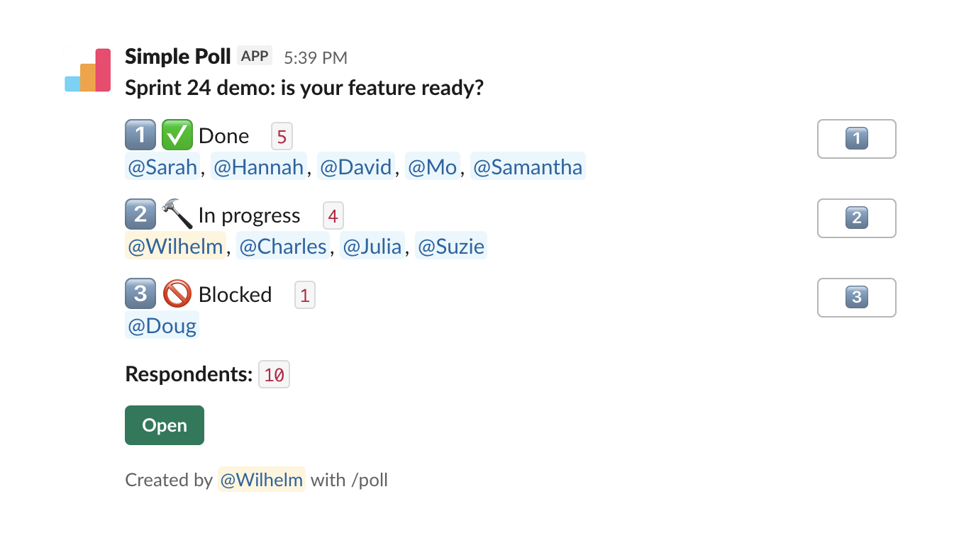 Slack status poll asking if features are ready for the sprint demo: done, in progress, or blocked